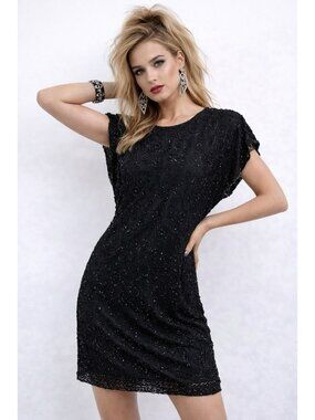 vintage 80s STENAY black beaded dress silk 8 party cocktail evening formal